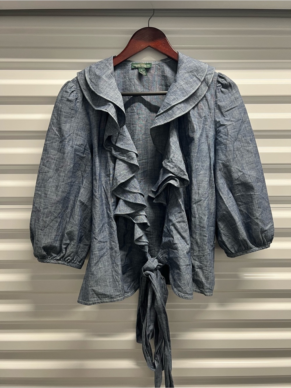 Vintage Ralph Lauren denim ruffle blouse with tie waist